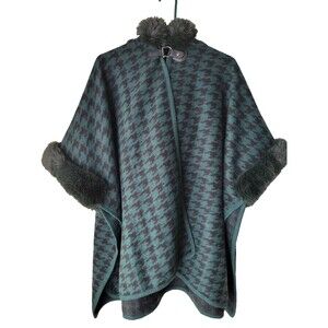 Women's Green Black Houndstooth Cape Poncho Faux Fur Trim Collar Buckle One Size